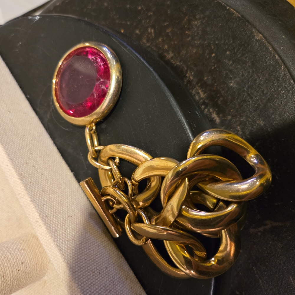 Chunky Gold Tone 7 Link Faux Pink Gem Bracelet 7 3/4" - Picture 4 of 9